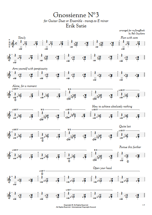 Gnossienne N°3 Erik Satie guitar pro tab AGuitarII Guitar Duet mysongbook